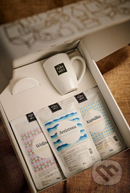 Darčekový set: sypané čaje Wellness, Antistress, Kamilka + šálka biela Pureway