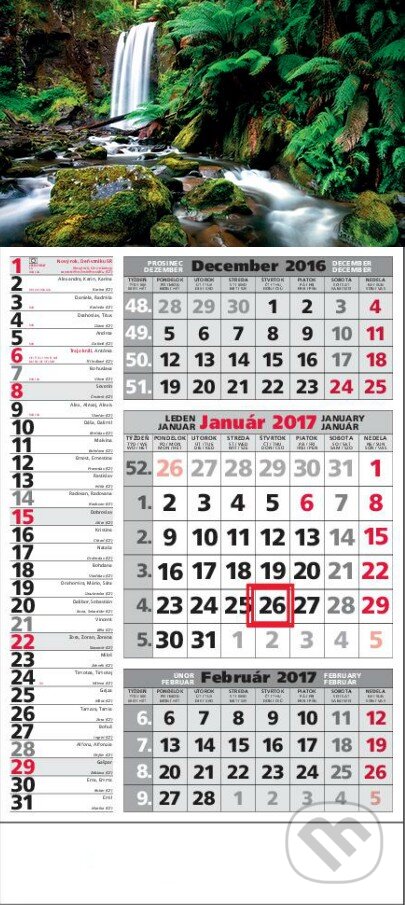 Kombinovaný 3-mesačný kalendár 2017 s motívom vodopádu, Spektrum grafik, 2016