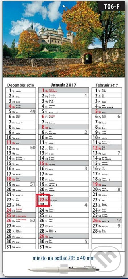 Štandardný 3-mesačný stĺpcový kalendár 2017 s motívom Bojnického zámku, Spektrum grafik, 2016