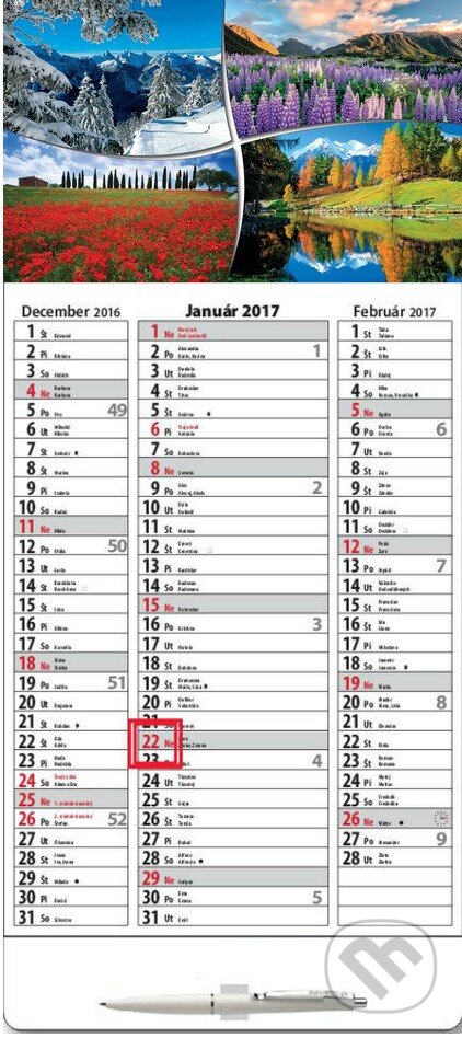 Štandardný 3-mesačný stĺpcový kalendár 2017 s motívom štyroch ročných období, Spektrum grafik, 2016