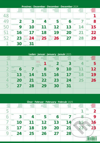 Tříměsíční kalendář zelený 2025 - nástěnný kalendář, Helma, 2024