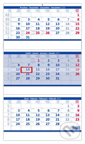Tříměsíční skládaný kalendář modrý 2025 - nástěnný kalendář, Helma, 2024