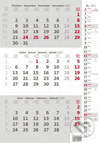 Tříměsíční kalendář šedý s poznámkami 2025 - nástěnný kalendář, Helma, 2024
