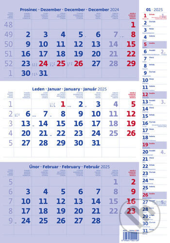 Tříměsíční kalendář modrý s poznámkami 2025 - nástěnný kalendář, Helma, 2024