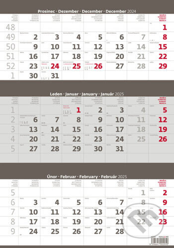 Tříměsíční kalendář šedý 2025 - nástěnný kalendář, Helma, 2024