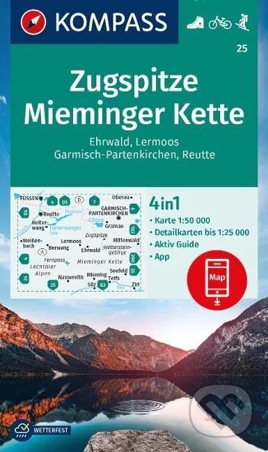 Zugspitze, Mieminger Kette, Ehrwald, Lermoos, Garmisch-Partenkirchen, Reutte 1:50 000 / turistická mapa KOMPASS 25 (Kompass)