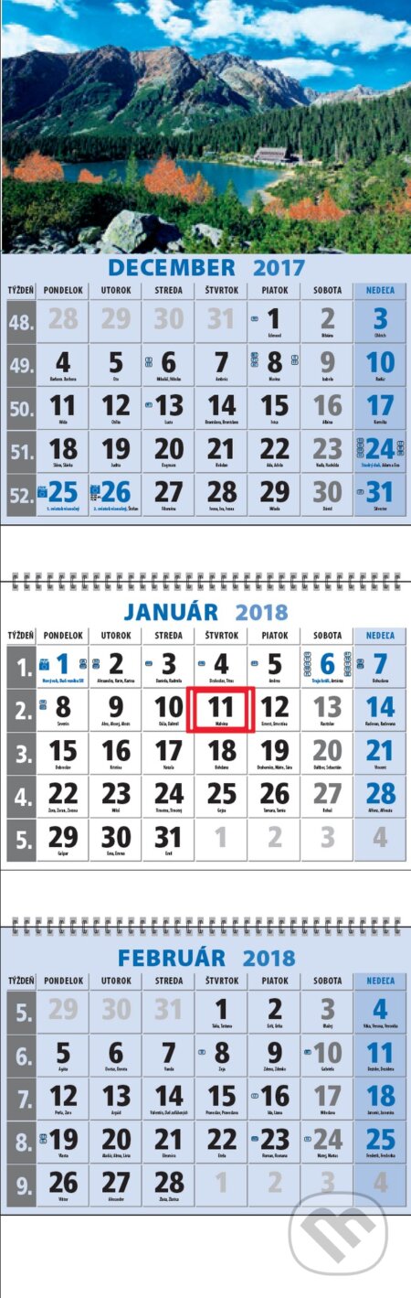 Klasik 3-mesačný kalendár 2018 s motívom hôr a plesom, Spektrum grafik, 2017