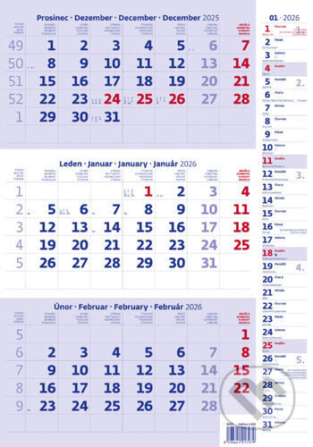 Tříměsíční kalendář modrý s poznámkami 2026 - nástěnný kalendář