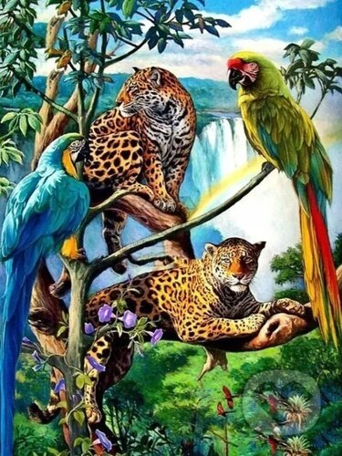 Papoušci a leopardi 30x40cm (Diamantové malování)