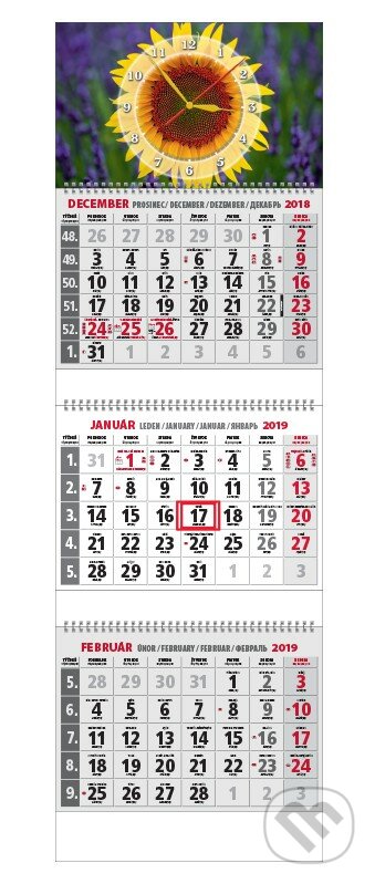 Klasik 3-mesačný kalendár 2019 s hodinami (slnečnica), Spektrum grafik, 2018