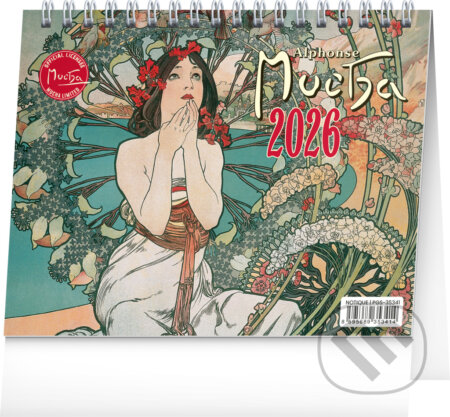 NOTIQUE Stolový kalendár Alfons Mucha CZ 2026, 16,5 x 13 cm