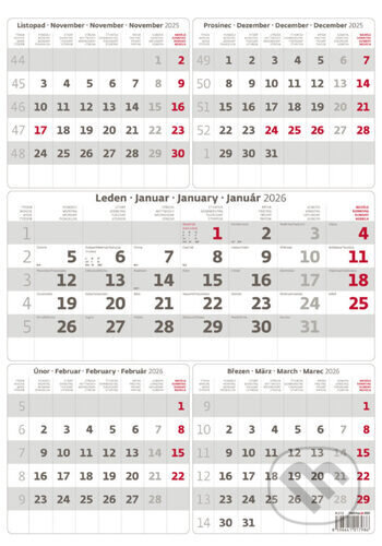 Pětiměsíční kalendář 2026 šedý - nástěnný kalendář