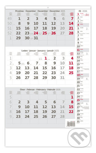 Tříměsíční kalendář šedý s poznámkami 2026 - nástěnný kalendář