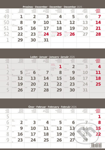 Tříměsíční kalendář šedý 2026 - nástěnný kalendář