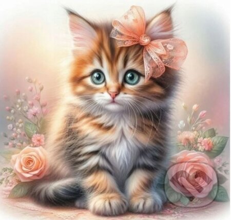 Diamantové malování: Koťátko s mašlí a růžemi