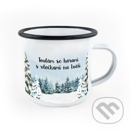 Smaltovaný hrnek Toulám se horami s vločkami na tváři