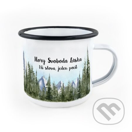 Smaltovaný hrnek Hory, svoboda, láska – tři slova, jeden pocit