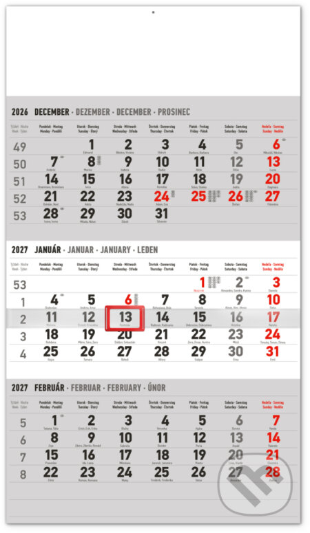 NOTIQUE Nástenný 3-mesačný kalendár štandard 2027 - sivý (Notique). Notique, 2026