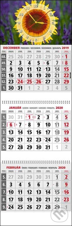 Klasik 3-mesačný sivý nástenný kalendár 2020 s hodinami a s motívom slnečnice, Spektrum grafik, 2019