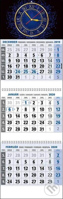 Klasik 3-mesačný modrý nástenný kalendár 2020 s modrými hodinami, Spektrum grafik, 2019