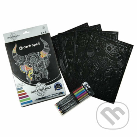Centropen Černé antistresové omalovánky + 6 metalických popisovačů