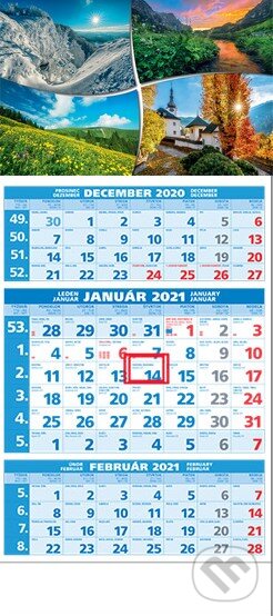 Štandard 3-mesačný modrý nástenný kalendár 2021 - štyri ročné obdobia, Spektrum grafik, 2020