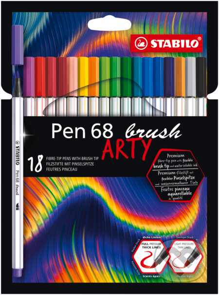 STABILO Pen 68 brush - ARTY - balenie 18 ks (Prémiový vláknový fix s hrotom štetca pre rôzne šírky čiary)