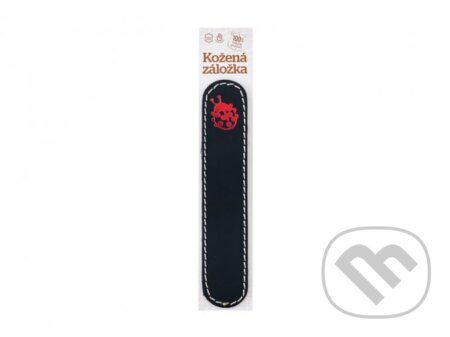 Obšitá záložka Lienka (obrázok červený, farba kože tmavomodrý semiš)