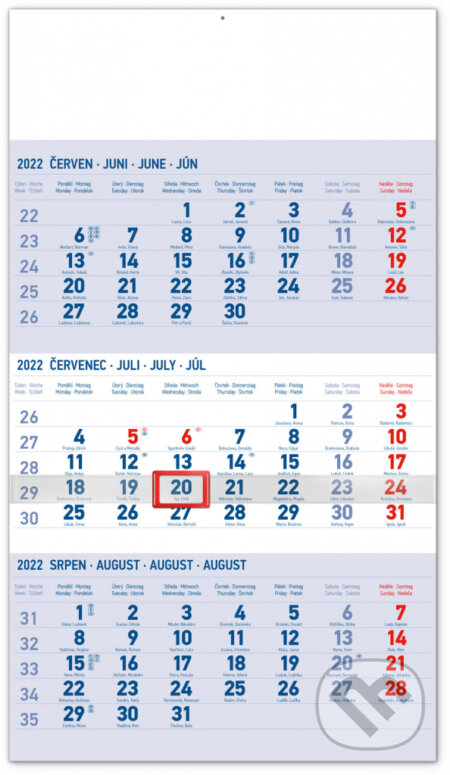 Nástěnný 3měsíční kalendář standard 2022 (modrý), Presco Group, 2021