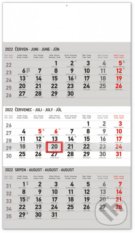 Nástěnný 3měsíční kalendář standard 2022 (šedý), Presco Group, 2021