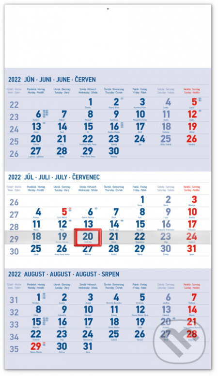 Nástenný 3–mesačný kalendár štandard 2022 (modrý), Presco Group, 2021
