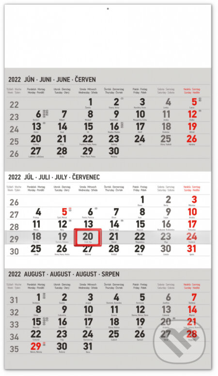 Nástenný 3–mesačný kalendár štandard 2022 (šedý), Presco Group, 2021