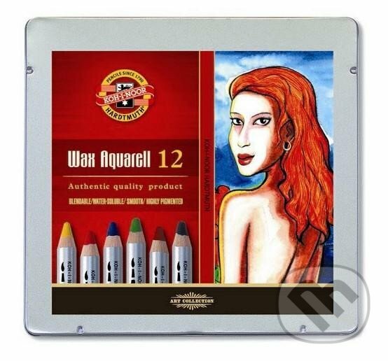 Levně Koh-i-noor pastelky WAX AQUARELL souprava 12 ks doplněná o štětec, ořezávátko a grafitovou tužku v plechové lrabičce