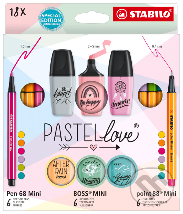 Levně STABILO Pastellove - Sada 18 ks (jemné linery, prémiové fixky a zvýrazňovače)