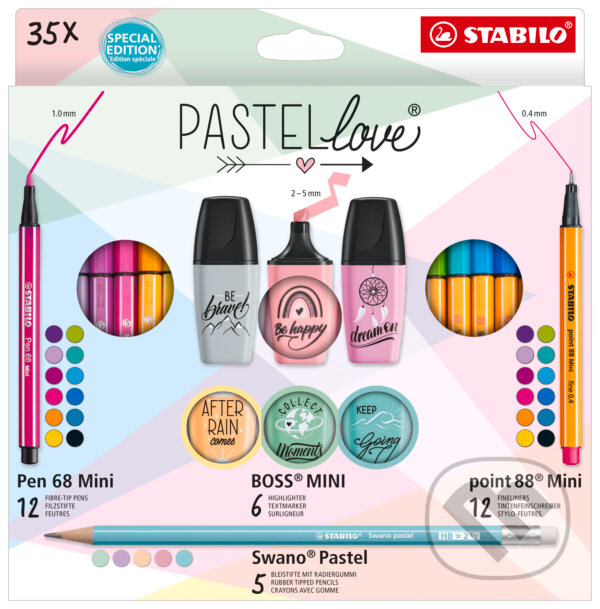 Levně STABILO Pastellove - Sada 35 ks (Jemné linery, prémiové fixky, zvýrazňovače a grafitové ceruzky)