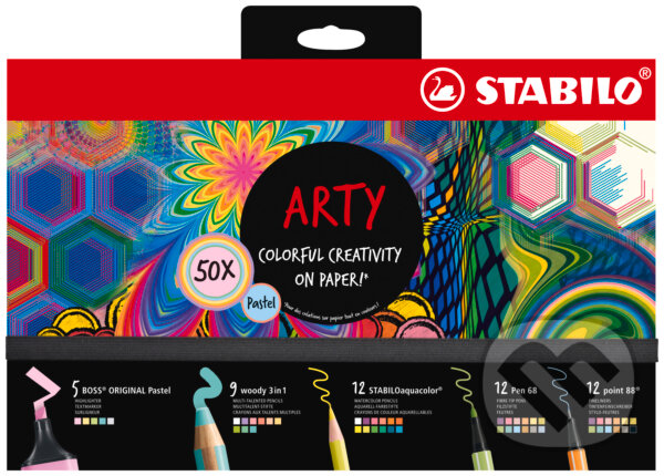 Levně Kreatívna sada Pastel STABILO ARTY – 50 ks (zvýrazňovače, viacúčelové farbičky, akvarelové farbičky, jemné linery a prémiové vláknové fixy)