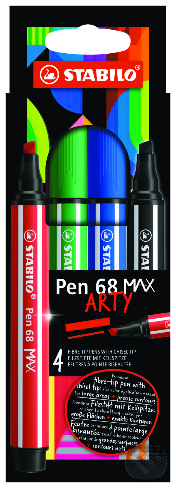 Levně Prémiová vláknová fixka s hrubým klinovým hrotom - STABILO Pen 68 MAX - ARTY - 4 ks sada