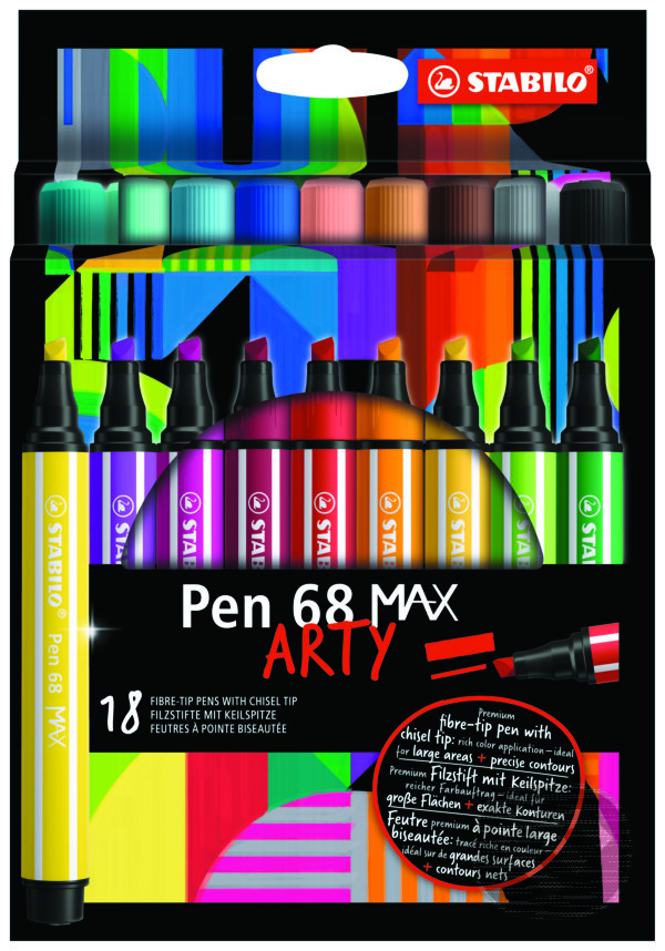 Levně Prémiová vláknová fixka s hrubým klinovým hrotom - STABILO Pen 68 MAX - ARTY - 18 ks sada