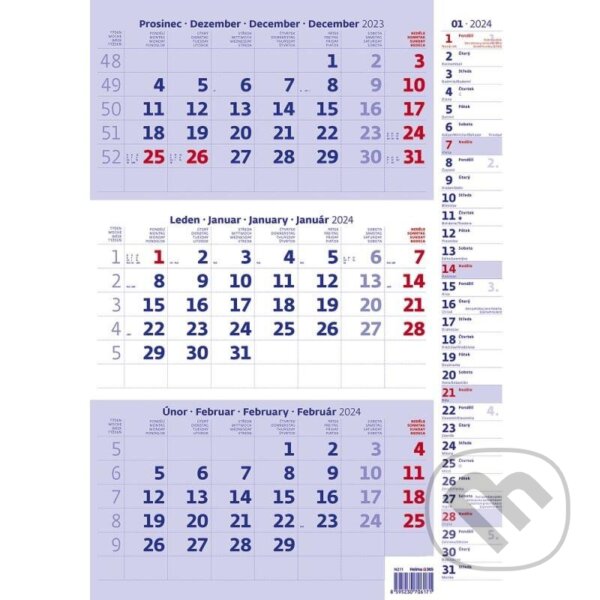 Kalendář nástěnný 2024 - Tříměsíční modrý s poznámkami, Helma365, 2023