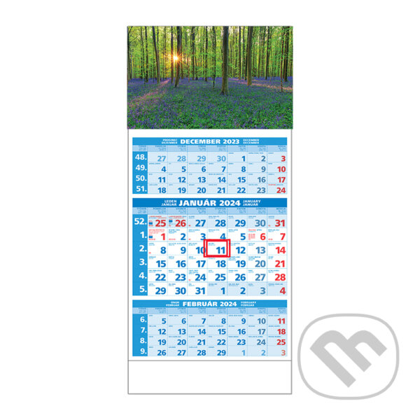 Štandard 3-mesačný modrý nástenný kalendár 2024 - les s kvetmi, Spektrum grafik, 2023