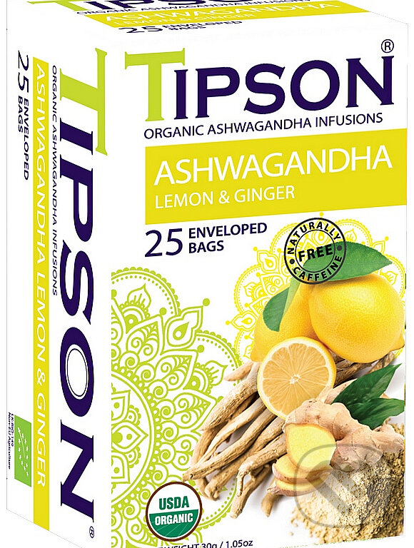 Kávy a čaje: TIPSON BIO Ashwagandha Lemon & Ginger, 25x1,2g (Bio - Racio). Bio - Racio, 2023