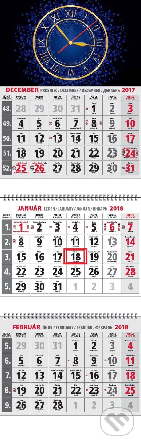 Klasik 3-mesačný kalendár 2018 s hodinami, Spektrum grafik, 2017