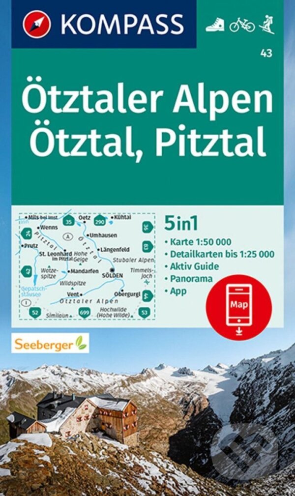 Levně Ötztaler Alpen, Ötztal, Pitztal 1:50 000 / turistická mapa KOMPASS 43