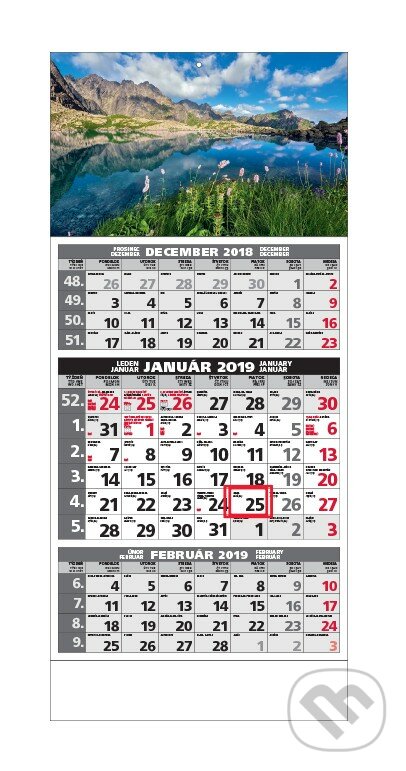 Štandard 3-mesačný kalendár 2019 s motívom horského jazera, Spektrum grafik, 2018
