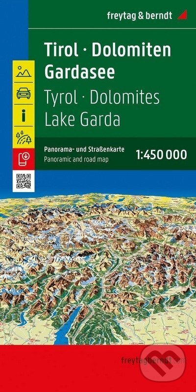 Levně Tyrolsko – Dolomity – Gardské jezero 1:450 000 / automapa + panoramatická mapa