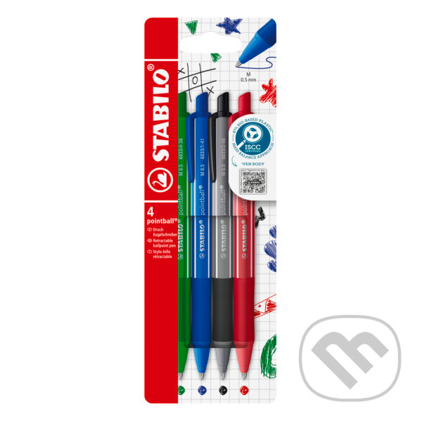 Levně Gulôčkové pero - STABILO pointball colorful (4 ks sada - modrá, čierna, červená, zelená)