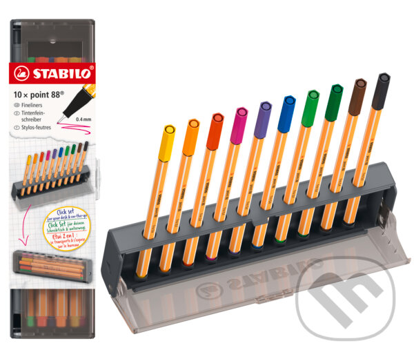 Levně Jemný liner - STABILO point 88 - 10 ks Click Set (stojan na stôl a peračník v jednom)