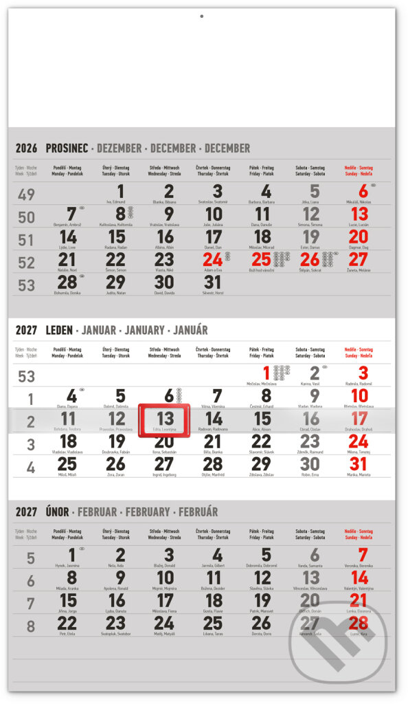 NOTIQUE Nástěnný 3měsíční kalendář standard 2027 (šedý)