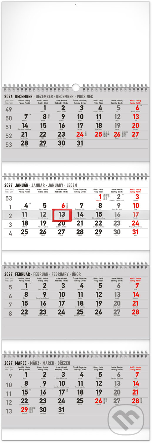 Notique nástěnný čtyřměsíční skládací kalendář 2027 29,5 × 84,5 cm