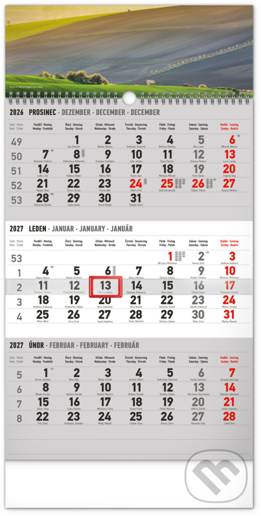 Notique nástěnný tříměsíční kalendář krajina šedý s českými jmény 2027 29,5 × 43 cm
